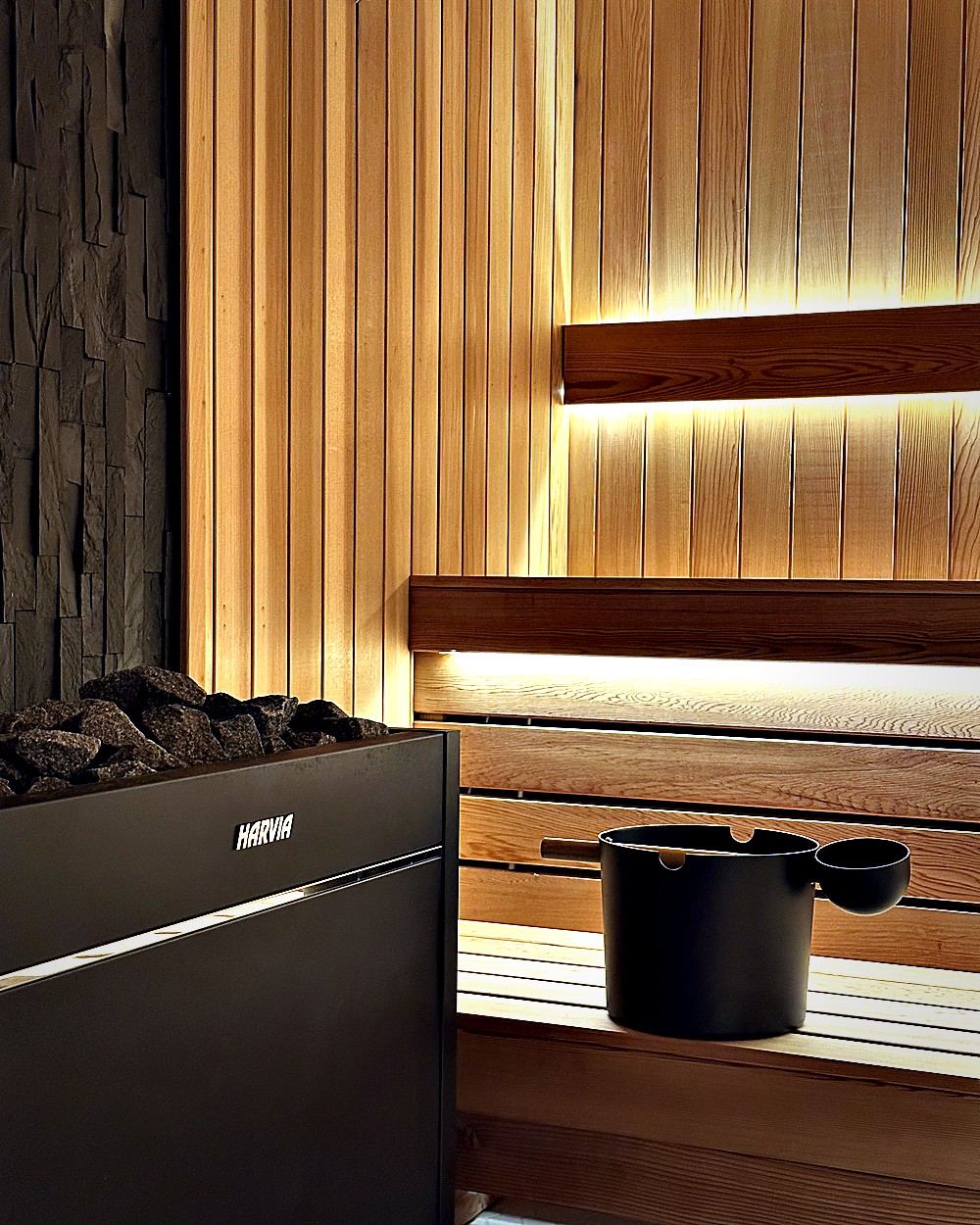 Custom cedar sauna interior with heater